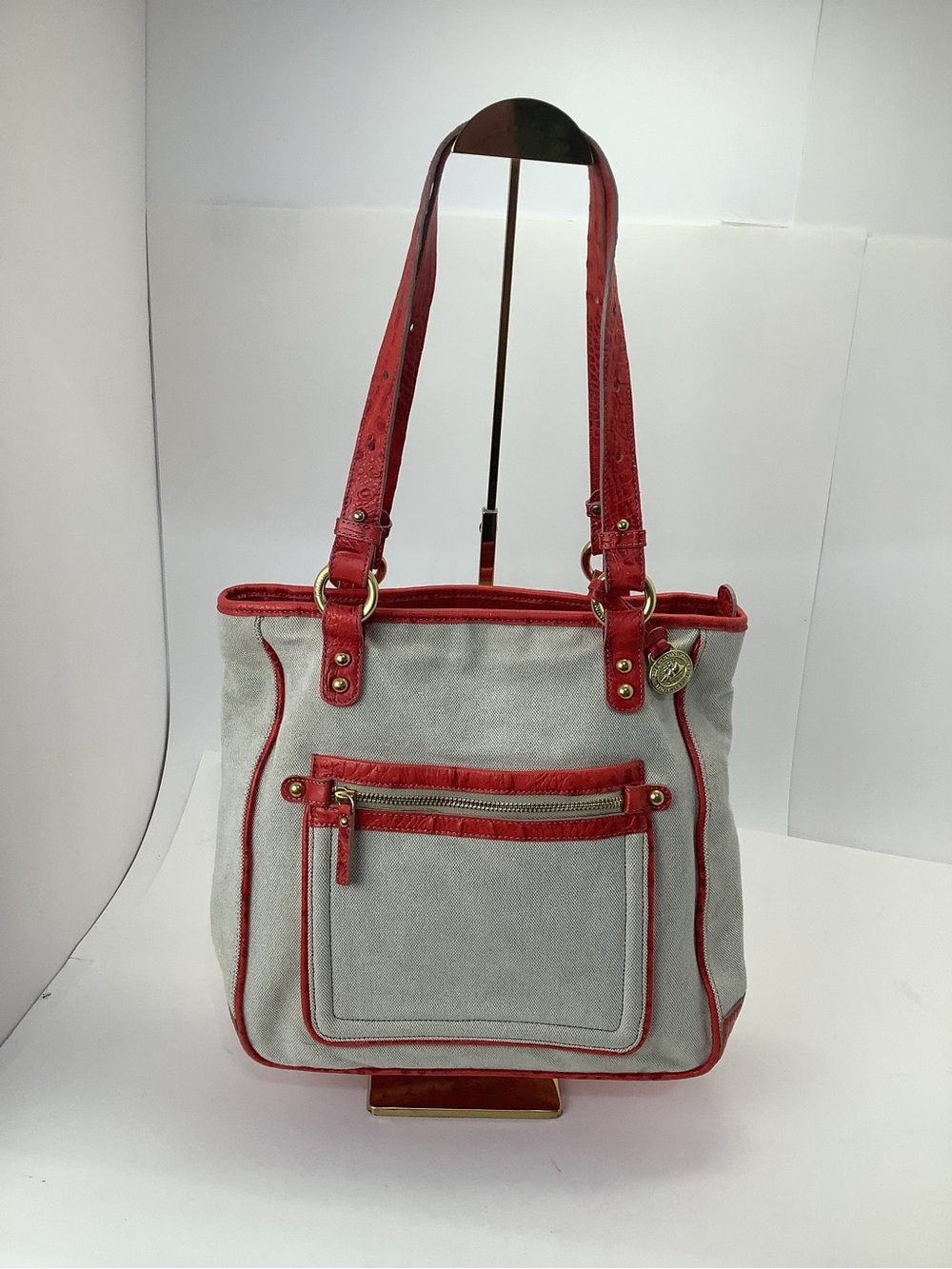 Brahmin Canvas Tote Bag with Red‎ Crocodile Leather Trim